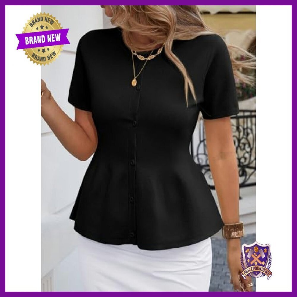 Short Sleeve Cardigan Ruffle Button Crew Neck Peplum Babydoll Sweater Top - Picture 4 of 7